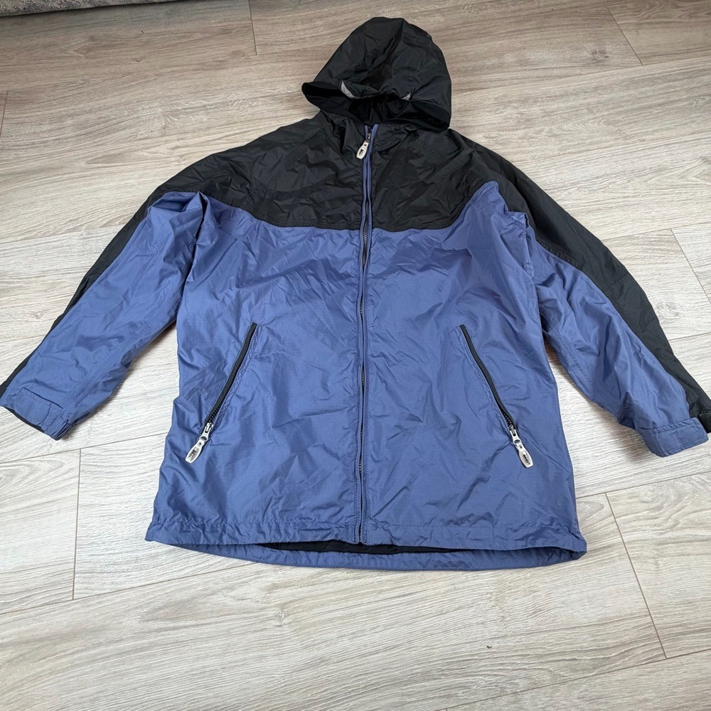 REI Elements Hooded Rain Jacket Blue Black Ripstop Mens XL Full Zip‎ Hiking